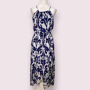 Athleta Blue White Tkat Print Halter Maxi Dress Size Small Built-In Bra Summer